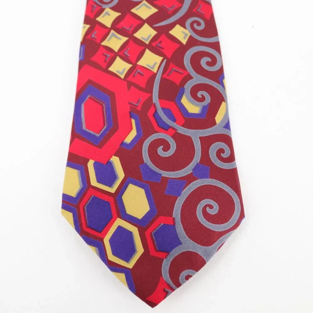 Vtg Geoffrey Beene Silk Tie Men 56 in Red Bright Multicolor Geo Abstract Wide